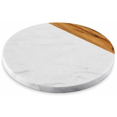 KC KULLICRAFT White Marble Board Cheese Board Acacia Wooden Serving Tray For Charcuterie Cheese Meats Fruit Crackers Cutting Board Serving Tray Round Slab 10 Inches