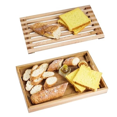 Nuvograin Wood Bread Cutting Board With Slicer Crumb Tray and Holder Serving Tray for Kitchen Color Combination Design For Cake Bagels 953 Wide x 146 Tall