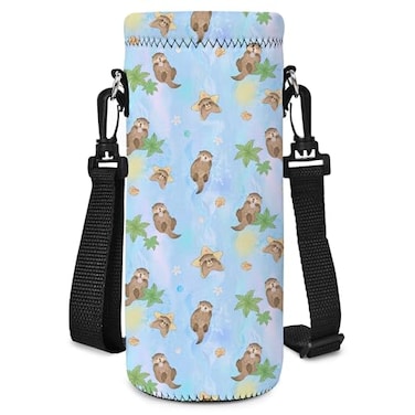 AORTDES Neoprene 1000ML1L Water Bottle Bag Carrier Portable Insulated Bottle Sling Holder Case Pouch with Adjustable Shoulder Strap for Men Women Walking Hiking Running Cute Otters