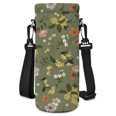 AORTDES Neoprene 1L1000ML Water Bottle Bag Carrier Portable Insulated Bottle Sling Holder Case Pouch with Adjustable Shoulder Strap for Men Women Walking Hiking Running GreenFlowers