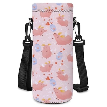 AORTDES Neoprene 500ML Water Bottle Bag Carrier Portable Insulated Bottle Sling Holder Case Pouch with Adjustable Shoulder Strap for Men Women Walking Hiking Running Pink Pig