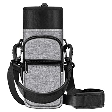 CaseBot Water Bottle Carrier Bag Sling Case Sports Water Bottle Pouch Holder Sleeve with Adjustable Shoulder Hand Strap and 2 Pockets for Men Women Hiking Camping Travelling Gray