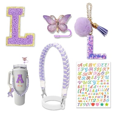 LAMOOER Cup Accessories Set for Stanley Cup 30oz 40oz Water Bottle Cup Handle Strap Letter Charms Sticker Butterfly Straw Cover Topper Purple L