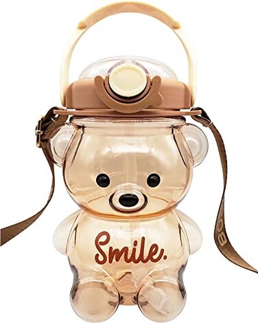 Dreamfocus Bear Water Bottles Bear Cup with Straw Cute Charms and Strap for School Gifts