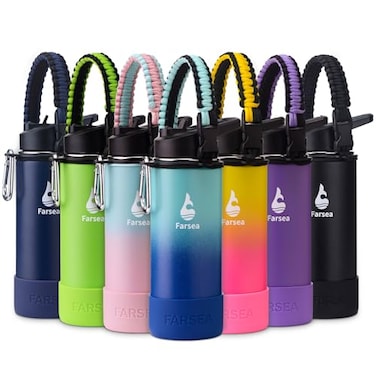 Farsea Insulated Water Bottle With Paracord Handle Protective Boot and 2 Lids Straw Lid Spout Lid Stainless Steel Water Bottle Wide Mouth Double Wall SweatProof BPAFree 18 oz