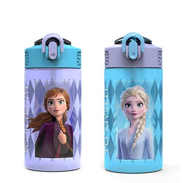 Zak Designs Disney Frozen 2 Kids Water Bottle with Spout Cover and Carrying Loop Durable Plastic LeakProof Water Bottle Design for Travel 16 oz 2Pack NonBPA Elsa Anna