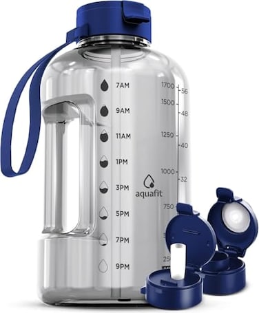 AQUAFIT 64 oz Water Bottle with Time Marker Straw Chug Lid BPA Free Half Gallon Gym Water Bottle with Handle Big Gallon Jug Clarity 64 Ounces
