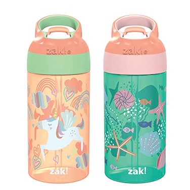 Zak Designs 16oz Riverside Kids Water Bottle with Spout Cover and Builtin Carrying Loop Made of Durable Plastic LeakProof Water Bottle Design for Travel Unicorn Shells Pack of 2