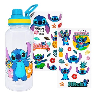 Silver Buffalo Disney Lilo and Stitch Tropical Island Vibes Twist Spout Plastic Water Bottle with Stickers You Stick Yourself 32 Ounces