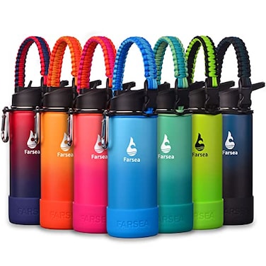 Farsea Insulated Water Bottle With Paracord Handle Protective Silicone Boot and 2 Lids Straw Lid Spout Lid Stainless Steel Water Bottle Wide Mouth Double Wall SweatProof BPAFree 18 oz