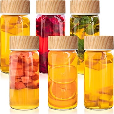 Nuogo 6 Pack Glass Juice Bottles with Lids 12 oz Wide Mouth with Wood Grain Pattern Cap Juicing Drinking Glass Bottles Reusable Airtight Cups Leak Proof Milk Tea Smoothies Beverage StorageNatural