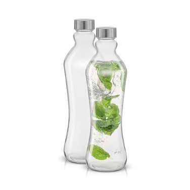 JoyJolt Glass Water Bottles 2pc Set 32 oz1 Liter Clear Glass with Stainless Steel Lids Leakproof Ideal for Juicing or Iced Tea