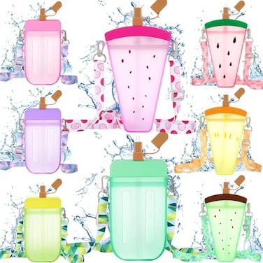 Patelai 8 Pcs Cute Water Bottles with Straw Kawaii Watermelon Ice Cream Cups Leak Proof Drinking Bottles with Adjustable Shoulder Strap for Sports Travel CampingClassic Style