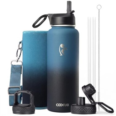Coolflask Water Bottle 40 oz Insulated with Straw Stainless Steel Metal 3 Lids Water Flask for Sports or Office Keep Cold 48H Hot 24H Samurai Cyan