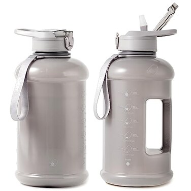 H2O Capsule INSPO Half Gallon Water Bottle with Time Marker and Straw Motivational Hydration Tracker Jug Big BPAFree FoodSafe Leakproof Drinking Bottle Handle Strap Ash Gray