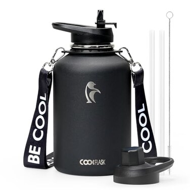 Coolflask 64oz Insulated Water Bottle with Strap Half Gallon Large Water Jug with Straw Spout Lids Double Wall Stainless Steel Metal Flask Keep Cold 48h Hot 24h Leak ProofNonBPA Magic Black