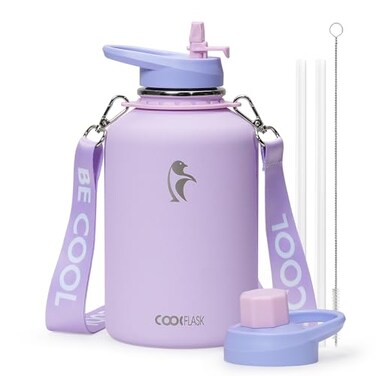 Coolflask Half Gallon Water Bottle with Strap 64oz Insulated Water Jug Stainless Steel with Straw Spout Lids Metal Large Water Flask Keep Cold 48h Hot 24h Leak Proof NonBPA Lavender