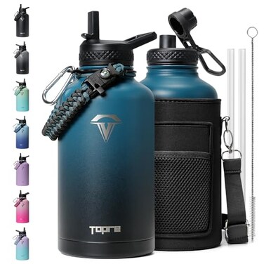 Topre 64 oz Insulated Water BottleHalf Gallon Water Flask Stainless Steel Vacuum Cold for 48 HrsBPAFree Leakproof with Paracord Handle StrapStraw Spout LidsLarge Jug for GymIndigo Black