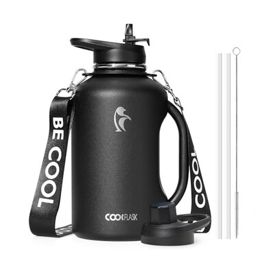 Coolflask Half Gallon Water Bottle with Handle 64 oz Insulated Stainless Steel Water Jug Metal DoubleWalled Vacuum Large Flask With Strap Straw Leakproof Keep Cold 48 Hrs Hot 24hrs Magic Black