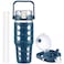 MUKOKO 32 oz Glass Tumbler with StrawGlass Water Bottles with Time MarkerIced Coffee Cup with Silicone SleeveMotivational Drinking BottlesLeakproofBlue