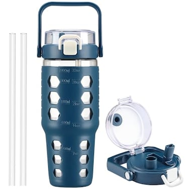 MUKOKO 32 oz Glass Tumbler with StrawGlass Water Bottles with Time MarkerIced Coffee Cup with Silicone SleeveMotivational Drinking BottlesLeakproofBlue