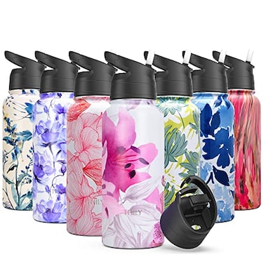 THILY Stainless Steel Water Bottle 32 oz Vacuum Insulated Sports Flask with 2 Lids and Straws Leakproof and BPAFree Keep Drinks Hot for 12 Hours or Cold for 36 Hours Elegant Lotus Design