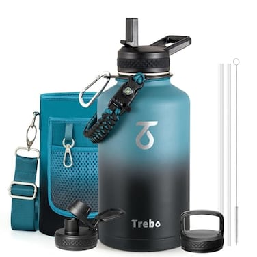 Trebo Water Bottle 64oz with Paracord Handle Half Gallon Large Vacuum Triple Wall Stainless Steel Insulated Water Jug with Holder Strap Straw Spout Lids Leakproof Keep Cold Hot IndigoBlack