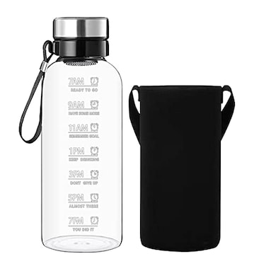 RNCKUUE 64 OZ Glass Water Bottle Large Resuable Borosilicate Wide Mouth Glass Drinking Bottles With Time Mark Sleeve BPA Free