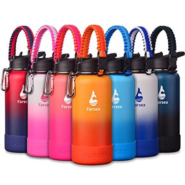 Farsea Insulated Water Bottle With Paracord Handle Protective Silicone Boot and 2 Lids Straw Lid Spout Lid Stainless Steel Water Bottle Wide Mouth Double Wall SweatProof BPAFree 32 oz