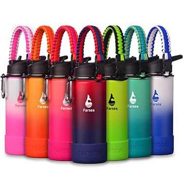 Farsea Insulated Water Bottle With Paracord Handle Protective Silicone Boot and 2 Lids Straw Lid Spout Lid Stainless Steel Water Bottle Wide Mouth Double Wall SweatProof BPAFree 18 oz
