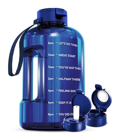 AQUAFIT 128 oz Water Bottle with Time Marker Straw Chug Lid BPA Free 1 Gallon Gym Water Bottle with Handle Big Gallon Jug Blue 128 Ounces
