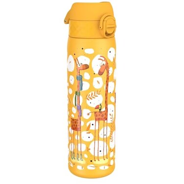 Ion8 Steel Water Bottle 600 ml20 oz Leak Proof Easy to Open Secure Lock Dishwasher Safe Flip Cover Fits Cup Holders Carry Handle Durable Scratch Resistant Raised Print Giraffes Design
