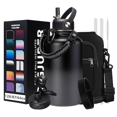 DIGJUPER Half Gallon Insulated Water Bottle with Straw Spout Lid Paracord Handle Carrier Bag Protective Cup Mat 64oz Vacuum Stainless Steel Water Bottle Metal Vacuum Flasks Keep Cold 48h Hot 24h
