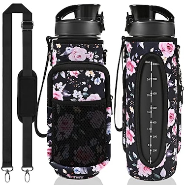 Newfad 32 oz Water Bottle with Straw and Sleeve Motivational Water Bottle with Time Marker and Adjustable Shoulder Strap BPA Free Leakproof Sport Water Jug for Hiking Gym