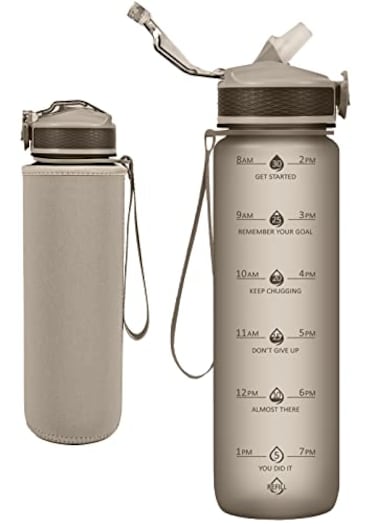 Newfad Water Bottle with Straw Motivational 32 oz Water Bottles with Time Marker No Sweat Sleeve BPA Free Leak Proof Gym Bottle with Times to Drink