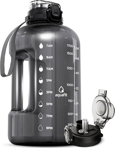 AQUAFIT Half Gallon Water Bottle with Time Marker Straw Chug Lid BPA Free Gym Water Bottle with Straw Big Gallon Jug Gray 64 oz 2in1 Lid
