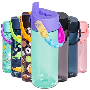 Elemental Water Bottles for Kids Splash Kids Water Bottle for School with Popit Handle BPA Free Tritan Plastic Water Bottle with Straw Leak Proof when Spout is Closed Blue Tie Dye 18oz