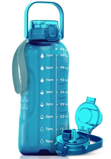 AQUAFIT 64 oz Water Bottle with Time Marker 2in1 Straw Chug Lid BPA Free Big Water Bottle with Straw Gym Water Bottle with Strap Water Jug 64 Ounces Aqua