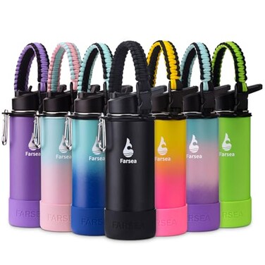 Farsea Insulated Water Bottle With Paracord Handle Protective Boot and 2 Lids Straw Lid Spout Lid Stainless Steel Water Bottle Wide Mouth Double Wall SweatProof BPAFree 18 oz