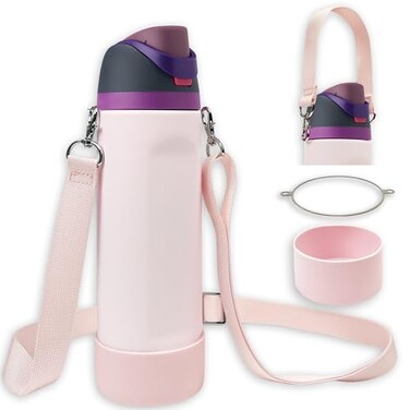 SITKOL Silicone Boot with Strap Set for Owala Water Bottle 24 oz Protective Holder Accessory with Adjustable Shoulder Handle Carrier NonSlip Sleeve Cover Pink