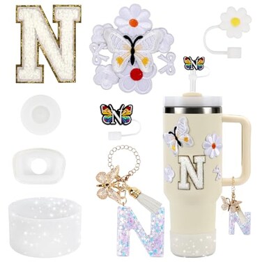 3tyto 15Pcs Cup Accessories Set for Stanley Cup 30oz 40oz Tumbler with Handle Including Silicone Straw Cover and Boot Spill Proof Stopper Stanley Charms Handle Charm Initials Sticker Letter N White