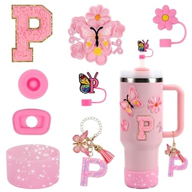 3tyto 15PCS Cup Accessories Set for Stanley Cup 30oz 40oz Tumbler with Handle Including Silicone Straw Cover and Boot Spill Proof Stopper Stanley Charms Handle Charm Initials Sticker Letter P Pink