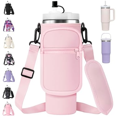 AceTreker Water Bottle Carrier Bag for Stanley 3040oz Tumbler with Handle Simple Modern Sling Holder with Strap 2 Pockets Neoprene Metal Water Bottle Carrying AccessoriesLight Pink