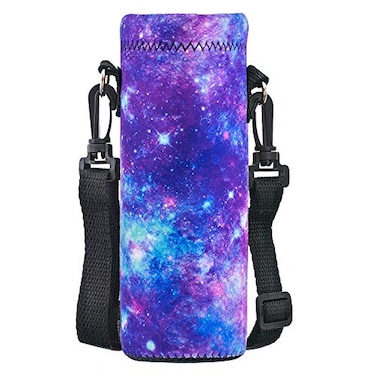 AORTDES Neoprene 500ML Water Bottle Bag Carrier Portable Insulated Bottle Sling Holder Case Pouch with Adjustable Shoulder Strap for Men Women Walking Hiking Running Purple Galaxy