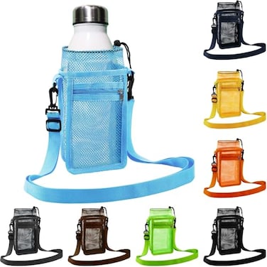 Berlune 8 Pcs Water Bottle Holder with Strap Drawstring Water Bottle Carrier with Zipper Pocket Adjustable Shoulder Mesh Sling Bag for Hiking Walking Camping Travel 8 Colors