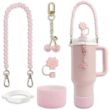 BydGxy Stanley Cup Accessories Set for Stanley 30 oz 40 oz Tumbler Includes Straw Cover Silicone Boot Water Bottle Handle Strap and Cherry Charm Compatible with Pink Purple Stanley Cup Pink