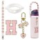 SITKOL Cute Letter Charm Set with Secure Handle Strap Silicone Ring Monogram Sticker and Personalized Decoration for Owala Compatible Water Bottle Travel Carry School Gift and Daily Use Pink H