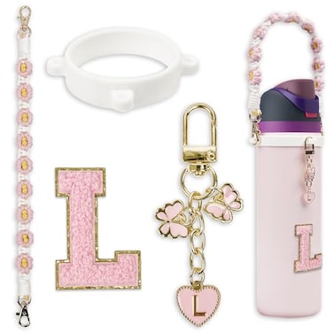 SITKOL Cute Letter Charm Set with Secure Handle Strap Silicone Ring Monogram Sticker and Personalized Decoration for Owala Compatible Water Bottle Travel Carry School Gift and Daily Use Pink L