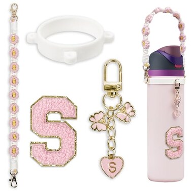 SITKOL Cute Letter Charm Set with Secure Handle Strap Silicone Ring Monogram Sticker and Personalized Decoration for Owala Compatible Water Bottle Travel Carry School Gift and Daily Use Pink S
