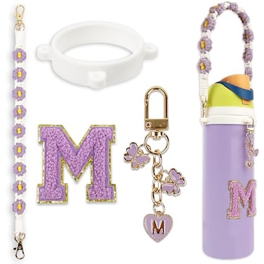 SITKOL Cute Letter Charm Set with Secure Handle Strap Silicone Ring Monogram Sticker and Personalized Decoration for Owala Compatible Water Bottle Travel Carry School Gift and Daily Use Purple M